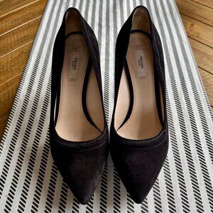 Prada Embroidered Black Suede Pointed Toe Platform Pumps,  Size 39